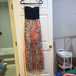 Strapless Navy Blue and Tropical Print Maxi Dress